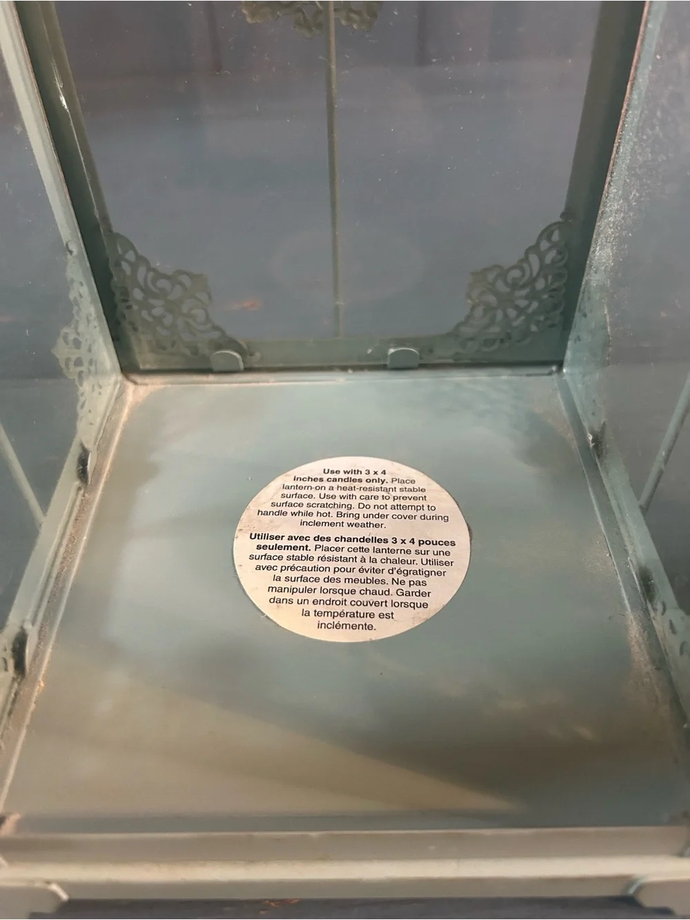 Pier 1 Imports Light Blue Metal Decorative Lantern with Filigree Medallion